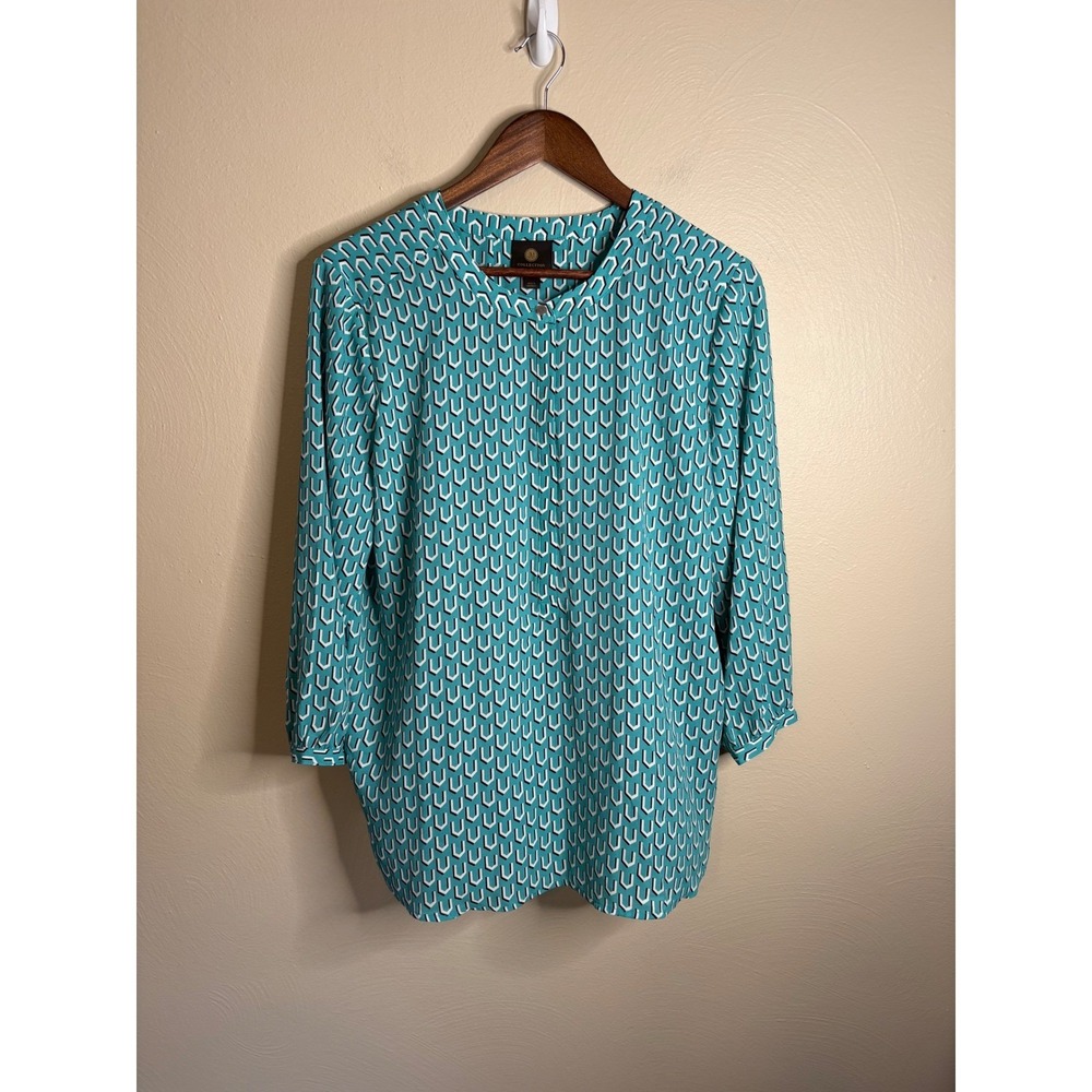 JM Collection Blouse Womens Large Teal Geometric 3/4 Button Placket NWT Workwear